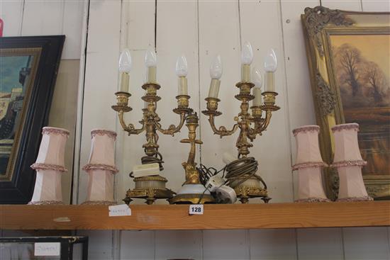 Brass dolphin lamp & pair 4 branch lamps & shades